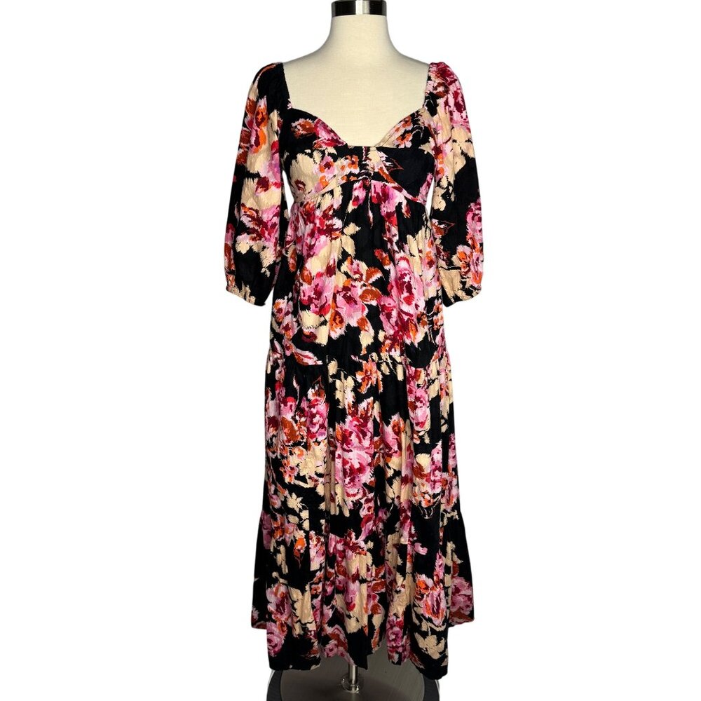 Anthropologie 100% Cotton Boho‎ Black Floral Pink Maxi Dress Balloon Sleeve